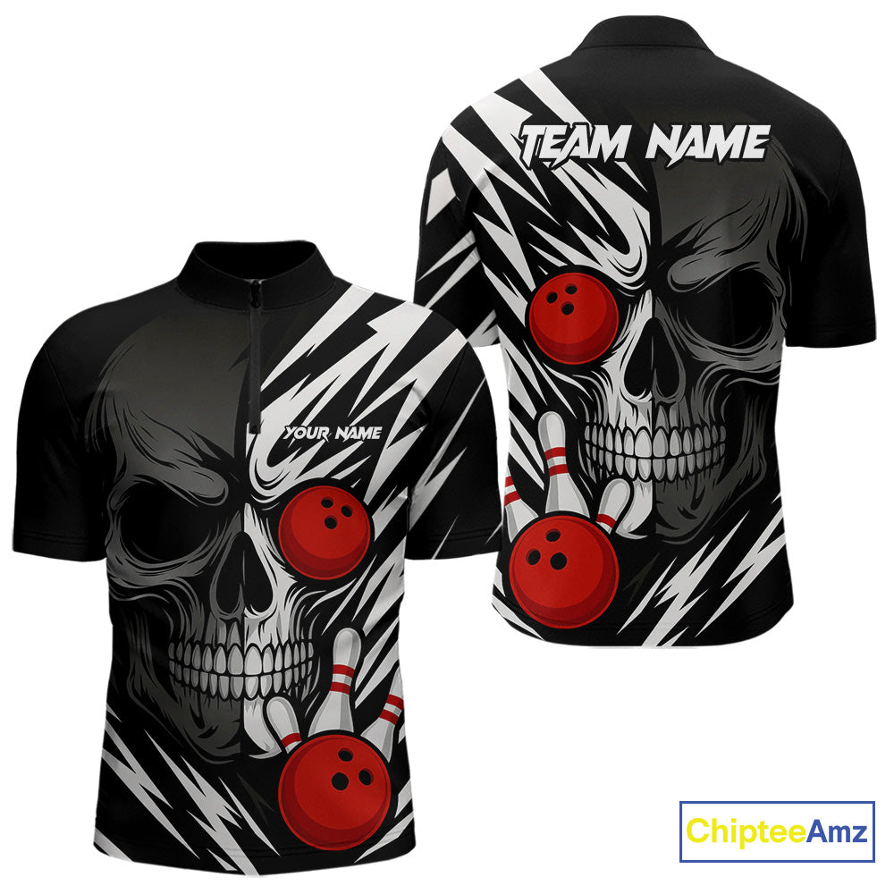 Black and White Skull Bowling Polo, Quarter Zip shirts for Men Custom Skull Team Bowling Jerseys NQS10261