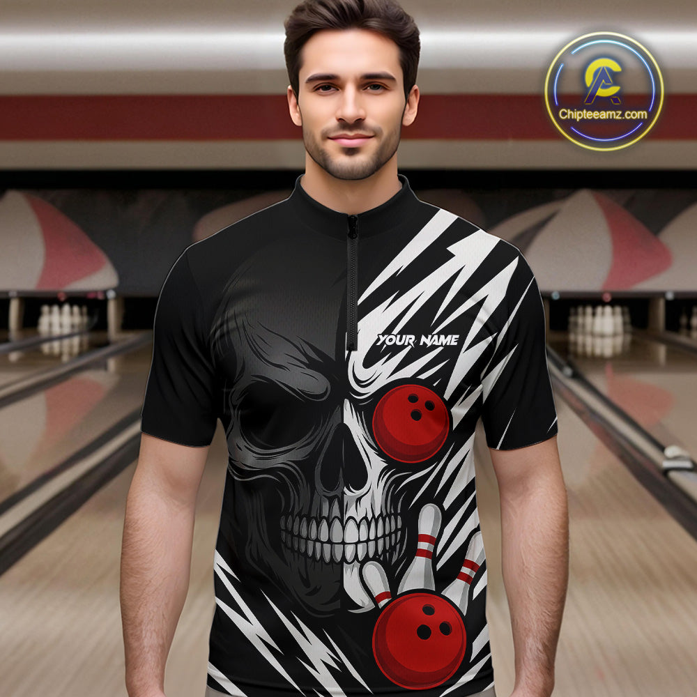 Black and White Skull Bowling Polo, Quarter Zip shirts for Men Custom Skull Team Bowling Jerseys NQS10261