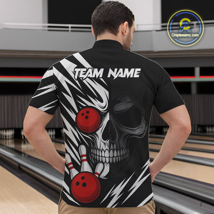 Black and White Skull Bowling Polo, Quarter Zip shirts for Men Custom Skull Team Bowling Jerseys NQS10261