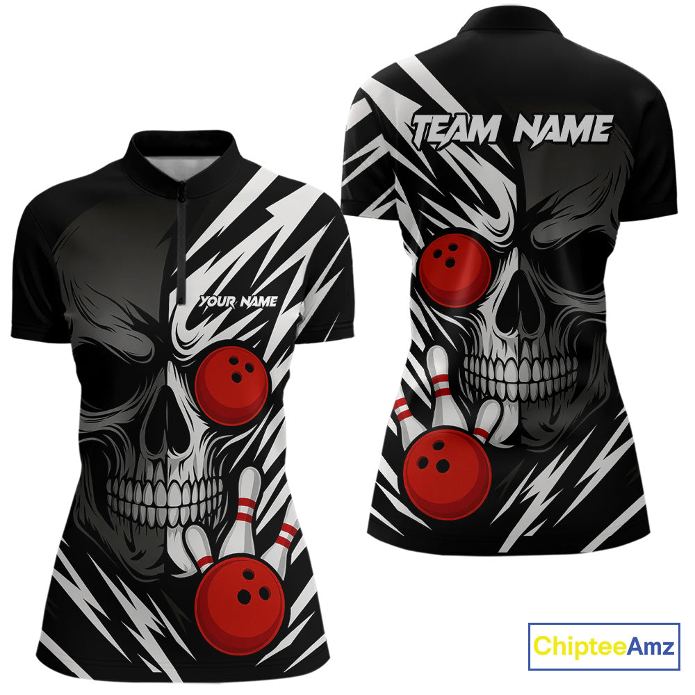 Black and White Skull Bowling Polo, Quarter Zip shirts for Women Custom Skull Team Bowling Jerseys NQS10261