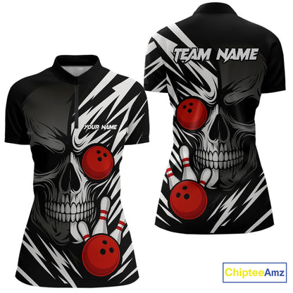 Black and White Skull Bowling Polo, Quarter Zip shirts for Women Custom Skull Team Bowling Jerseys NQS10261