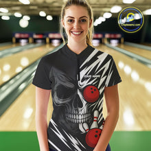 Load image into Gallery viewer, Black and White Skull Bowling Polo, Quarter Zip shirts for Women Custom Skull Team Bowling Jerseys NQS10261