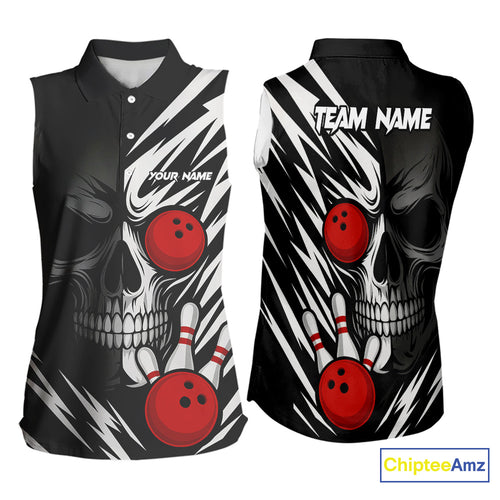 Black and White Skull Bowling Sleeveless Polo shirt Custom Skull Team Bowling Jerseys NQS10261