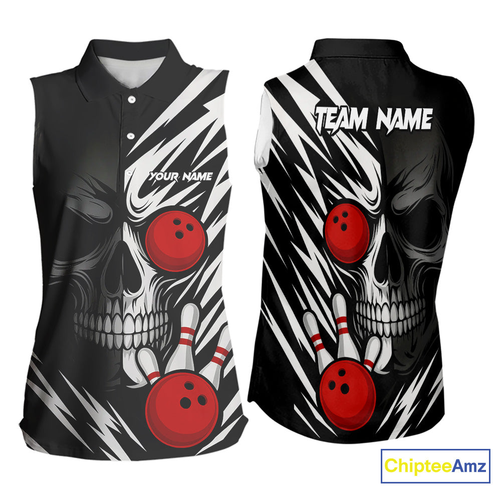 Black and White Skull Bowling Sleeveless Polo shirt Custom Skull Team Bowling Jerseys NQS10261