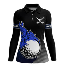 Load image into Gallery viewer, Black and Blue Flame Golf Ball Fire Women Golf Polo Shirt custom golf outfit women&#39;s team golf shirt NQS8471