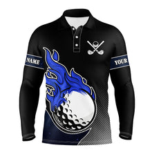 Load image into Gallery viewer, Black and Blue Flame Golf Ball Fire Mens Golf Polo Shirts custom golf outfit mens best team golf shirt NQS8471