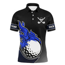 Load image into Gallery viewer, Black and Blue Flame Golf Ball Fire Mens Golf Polo Shirts custom golf outfit mens best team golf shirt NQS8471