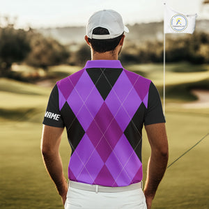 Mens golf polos shirts custom purple and black golf argyle plaid pattern, personalized golf gifts NQS10653