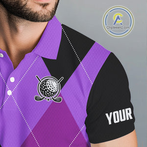 Mens golf polos shirts custom purple and black golf argyle plaid pattern, personalized golf gifts NQS10653
