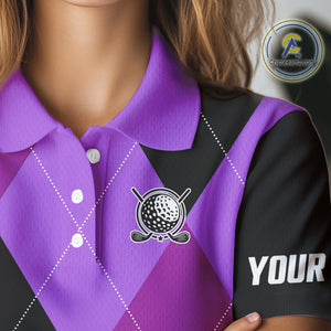 Womens golf polos shirts custom purple and black golf argyle plaid pattern, personalized golf gifts NQS10653