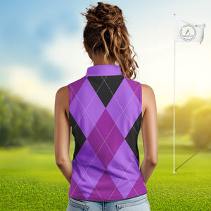 Women Sleeveless Polo Shirt custom purple and black golf argyle plaid pattern, personalized golf gift NQS10653