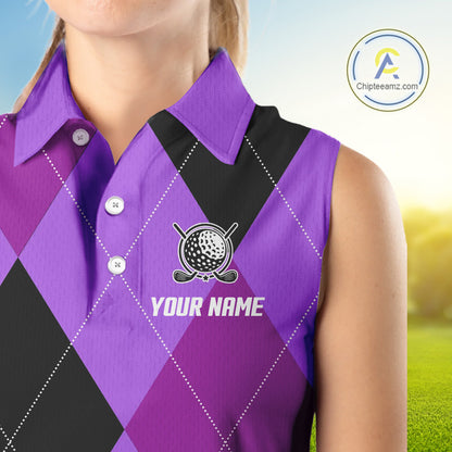 Women Sleeveless Polo Shirt custom purple and black golf argyle plaid pattern, personalized golf gift NQS10653