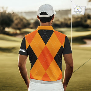 Mens golf polos shirts custom orange and black golf argyle plaid pattern Halloween golf gifts NQS10654