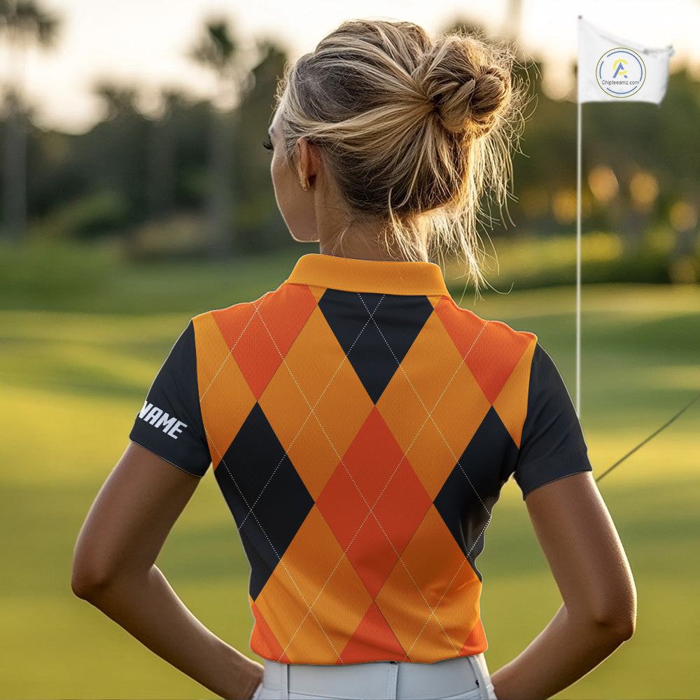 Womens golf polos shirts custom orange and black golf argyle plaid pattern Halloween golf gifts NQS10654