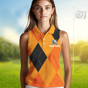 Women Sleeveless Polo Shirt custom orange and black golf argyle plaid pattern Halloween golf gifts NQS10654
