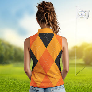 Women Sleeveless Polo Shirt custom orange and black golf argyle plaid pattern Halloween golf gifts NQS10654