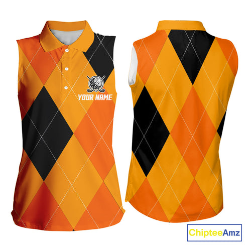 Women Sleeveless Polo Shirt custom orange and black golf argyle plaid pattern Halloween golf gifts NQS10654