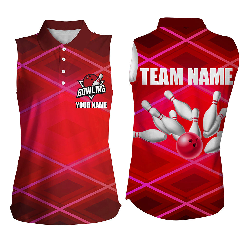 Women Sleeveless Polo Shirt Custom neon red bowling team league jerseys, gifts for bowlers NQS8714