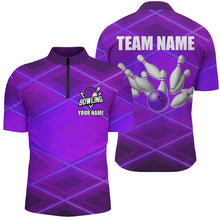 Load image into Gallery viewer, Mens bowling polo, 1/4 zip shirt Custom neon purple bowling team league jerseys, gifts for bowlers NQS8715