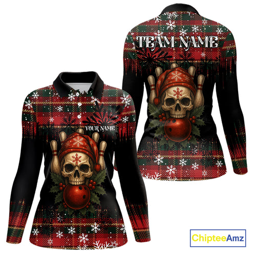 Black & Red Plaid Christmas pattern Skull Bowling Shirts For Women Custom Team Bowling outfit jersey NQS11057