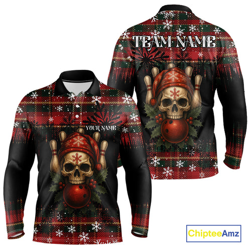 Black & Red Plaid Christmas pattern Skull Bowling Shirts For Men Custom Team Bowling outfit jerseys NQS11057