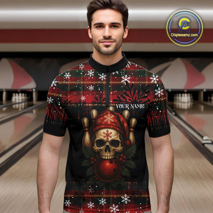 Black & Red Plaid Christmas pattern Skull Bowling Shirts For Men Custom Team Bowling outfit jerseys NQS11057
