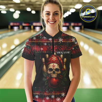 Black & Red Plaid Christmas pattern Skull Bowling Shirts For Women Custom Team Bowling outfit jersey NQS11057