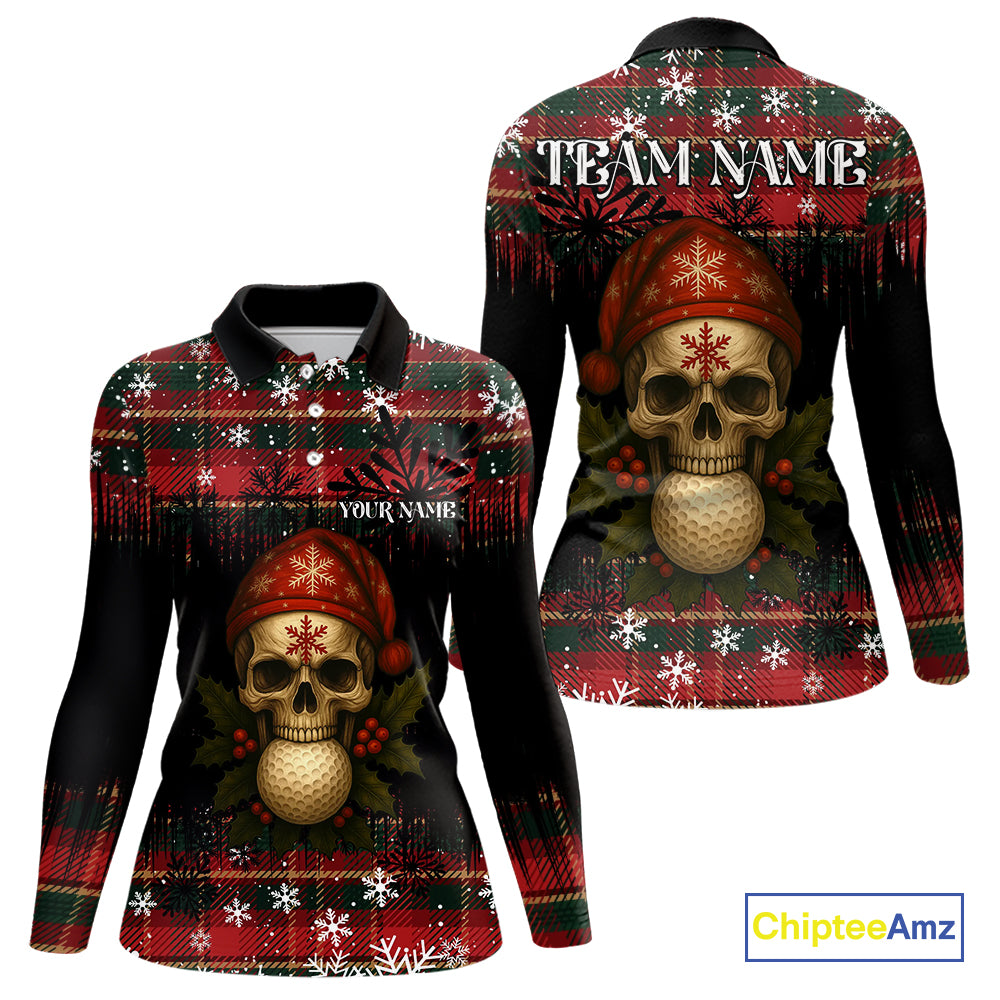 Black and Red Plaid Christmas pattern Skull Women Polo Shirt Custom Ladies Golf outfit, golfing gifts NQS11058