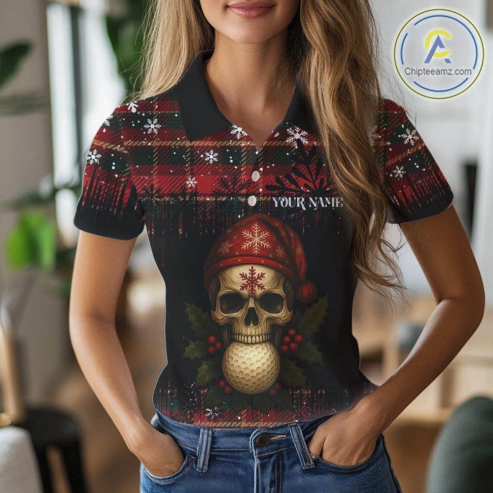 Black and Red Plaid Christmas pattern Skull Women Polo Shirt Custom Ladies Golf outfit, golfing gifts NQS11058