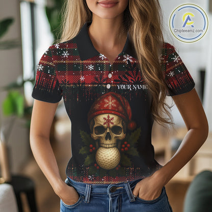 Black and Red Plaid Christmas pattern Skull Women Polo Shirt Custom Ladies Golf outfit, golfing gifts NQS11058