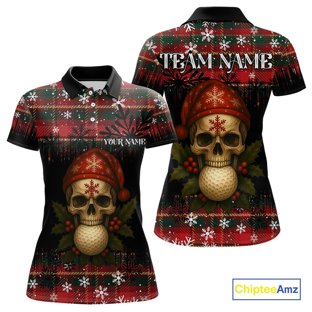 Black and Red Plaid Christmas pattern Skull Women Polo Shirt Custom Ladies Golf outfit, golfing gifts NQS11058