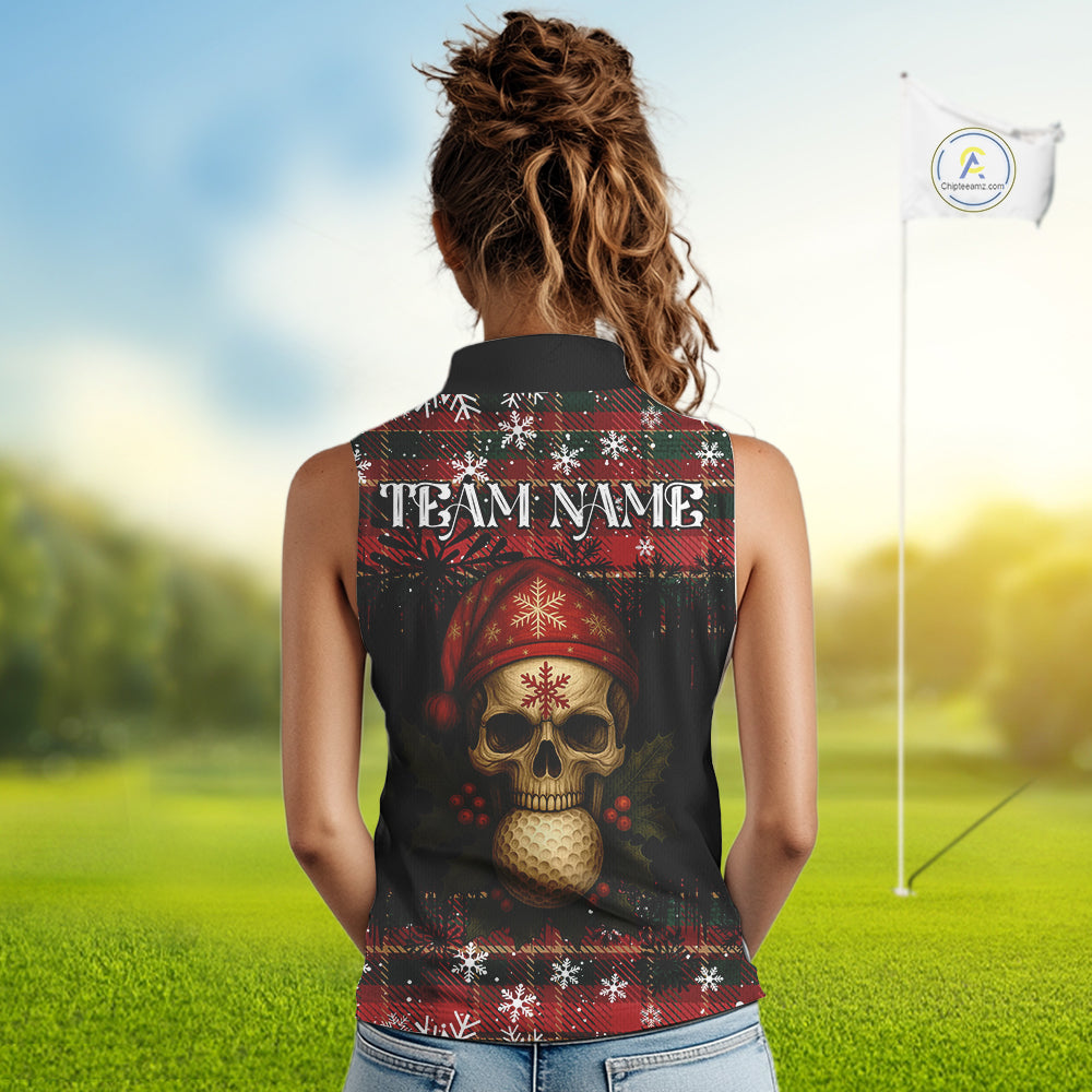 Black and Red Plaid Christmas pattern Skull Sleeveless Polo Shirt Custom Ladies Golf outfits NQS11058