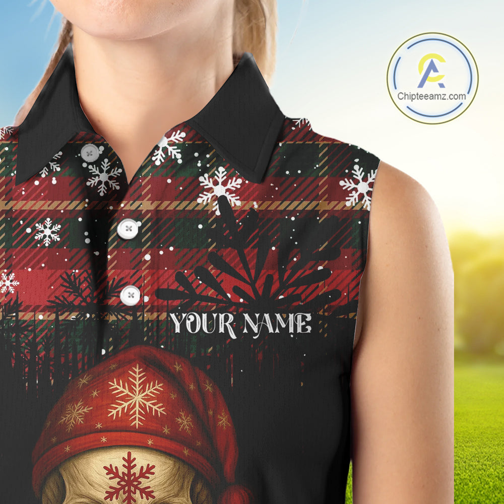 Black and Red Plaid Christmas pattern Skull Sleeveless Polo Shirt Custom Ladies Golf outfits NQS11058