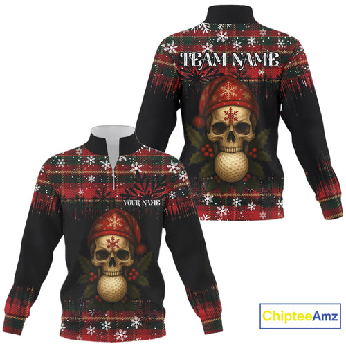 Black and Red Plaid Christmas pattern Skull Quarter zip golf sweatshirt Custom Christmas Golf outfits NQS11058