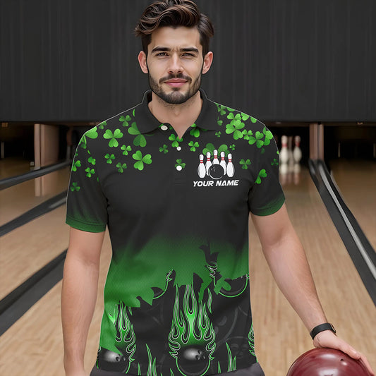 Green shamrock Flame bowling shirts for men Custom St Patrick Day black team league bowling jerseys NQS9390