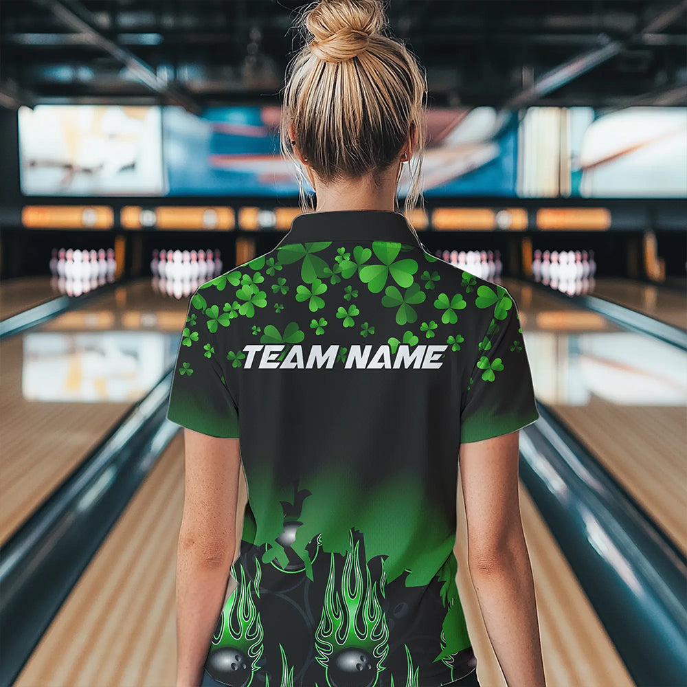 Green shamrock Flame bowling shirts for Women Custom St Patrick Day black team league bowling jerseys NQS9390