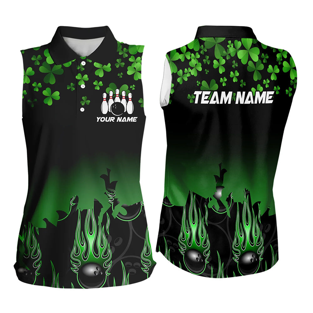 Green shamrock Flame bowling Sleeveless Polos Custom St Patrick Day black team league bowling jerseys NQS9390