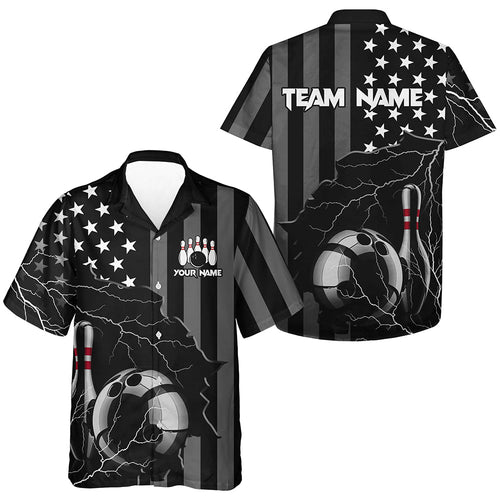 Personalized Bowling Hawaiian Shirt Black American flag Lightning Custom Bowling button up shirts NQS9538