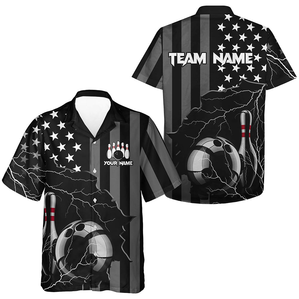 Personalized Bowling Hawaiian Shirt Black American flag Lightning Custom Bowling button up shirts NQS9538