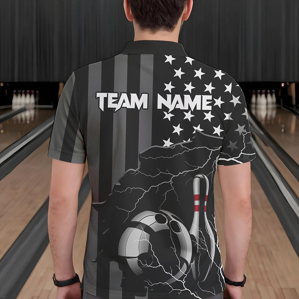 Personalized Black American flag Lightning thunder Custom Bowling Team Shirts For Mens Bowling Jersey NQS9538