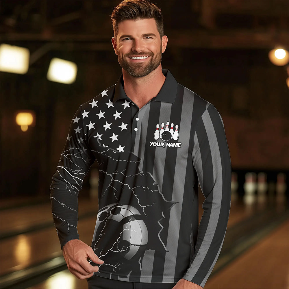 Personalized Black American flag Lightning thunder Custom Bowling Team Shirts For Mens Bowling Jersey NQS9538