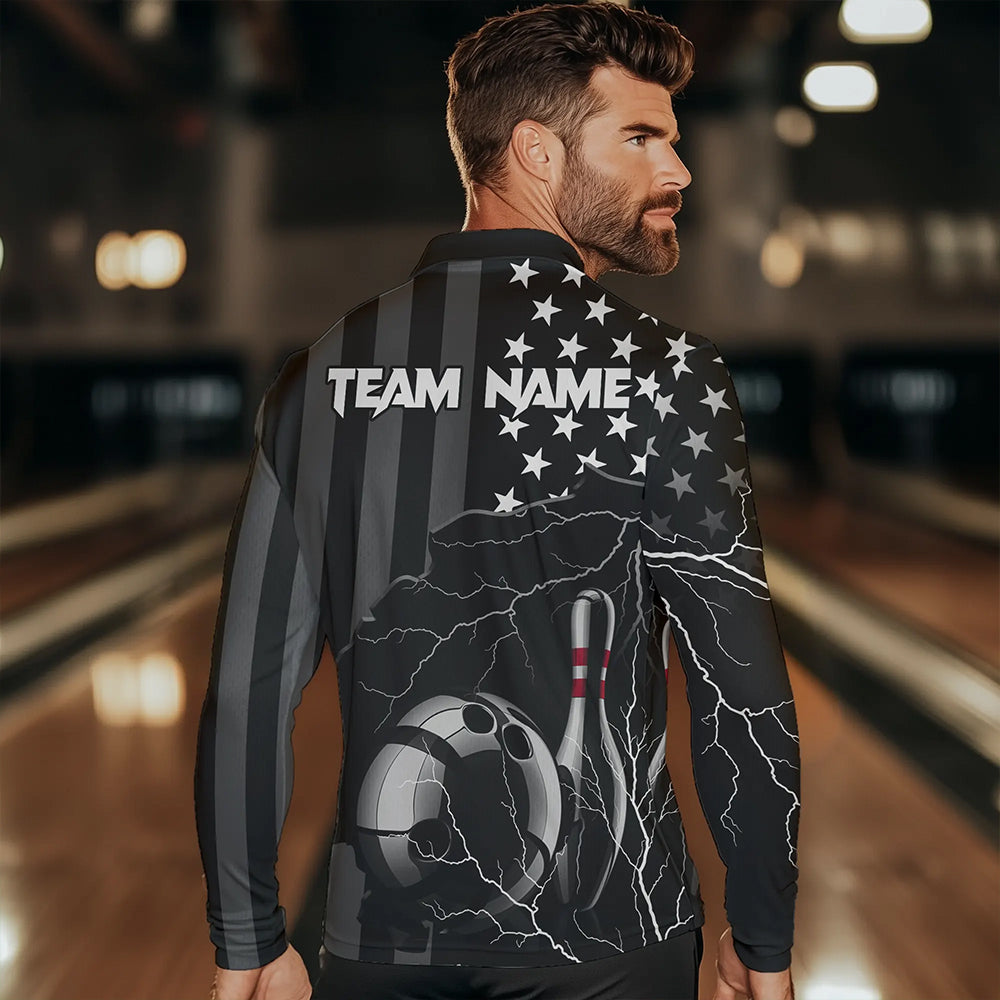 Personalized Black American flag Lightning thunder Custom Bowling Team Shirts For Mens Bowling Jersey NQS9538
