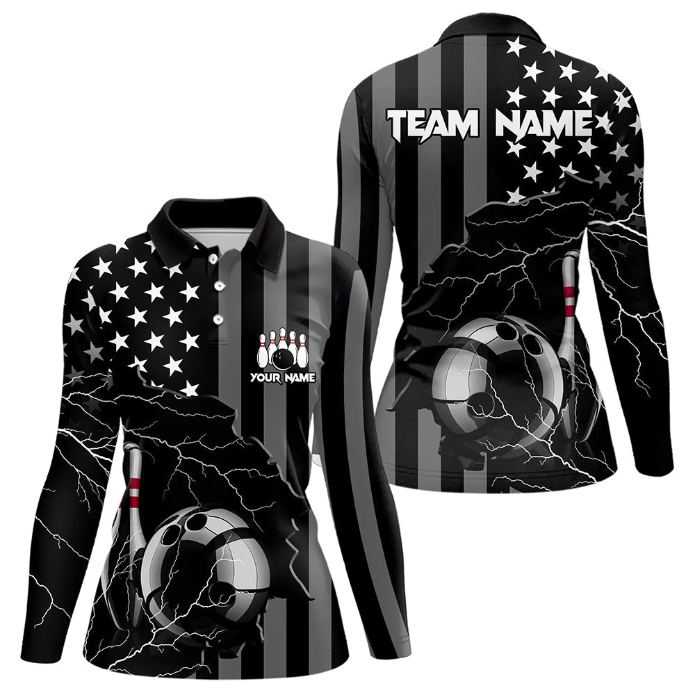 Personalized Black American flag Lightning thunder Custom Bowling Team Shirts For Women Bowling Jersey NQS9538
