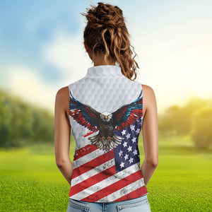 Personalized American Flag Eagle White Women sleeveless polo shirt Custom patriotic ladies golf tops NQS9541