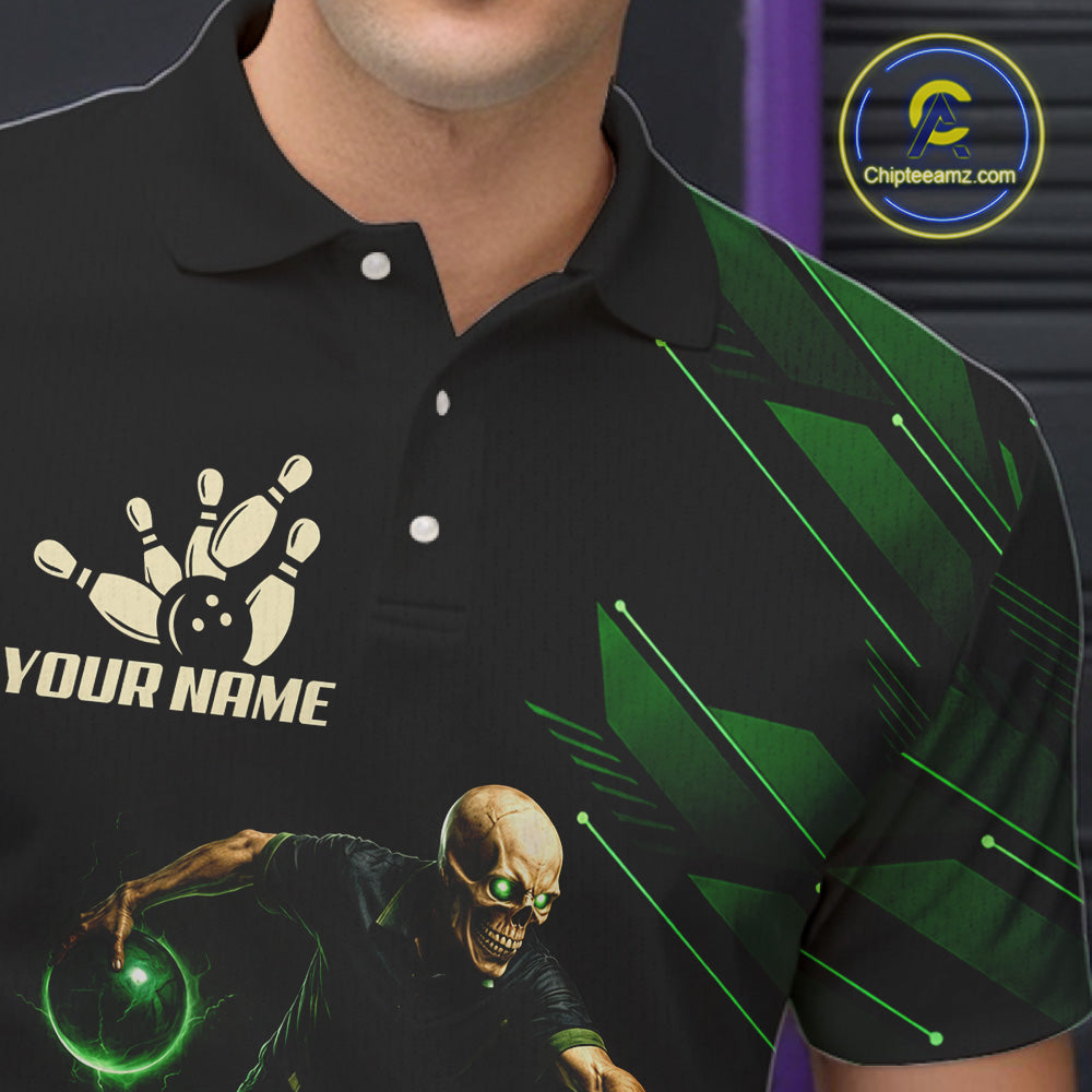 Black and Green Camo Skull Lightning Bowling Polo, 1/4 zip shirts for Men Custom Team bowling Jersey NQS11657