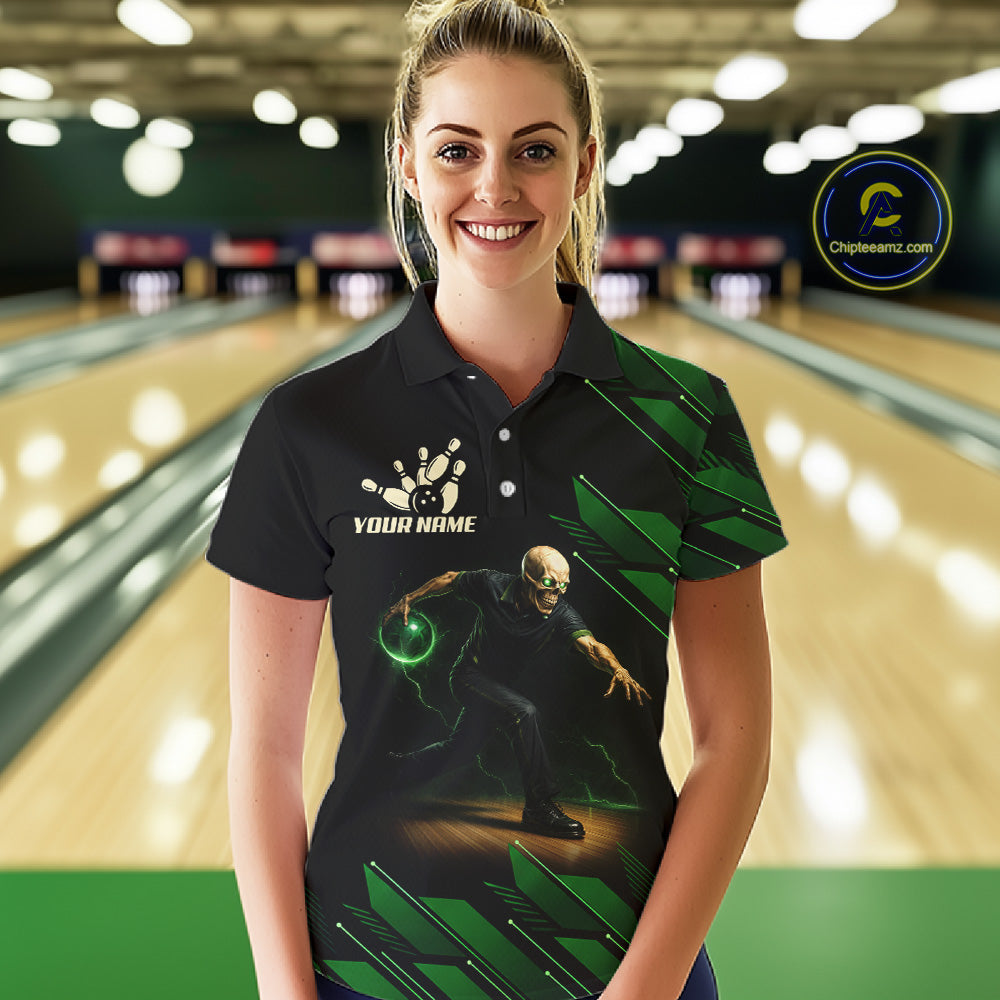 Black & Green Camo Skull Lightning Bowling Polo, 1/4 zip shirts for Women Custom Team bowling Jersey NQS11657