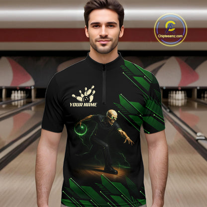 Black and Green Camo Skull Lightning Bowling Polo, 1/4 zip shirts for Men Custom Team bowling Jersey NQS11657