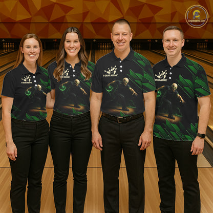 Black and Green Camo Skull Lightning Bowling Polo, 1/4 zip shirts for Men Custom Team bowling Jersey NQS11657