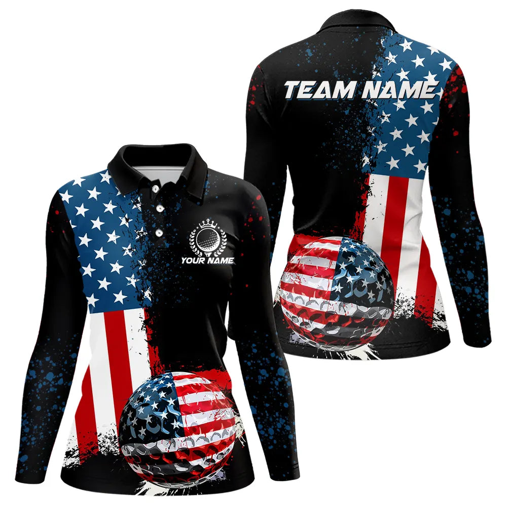 Black American Flag Women Golf Polo Shirts Custom Golf attire for ladies, patriotic golf gifts NQS9696