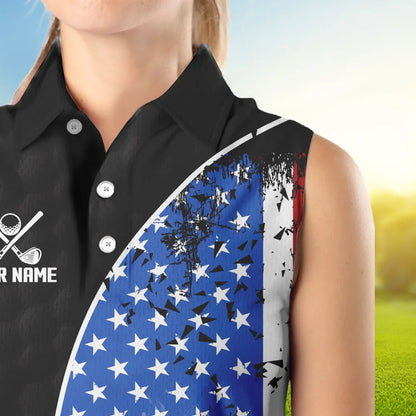 Personalized Black Camo Womens golf shirts sleeveless Custom American Flag patriotic golf shirt outfit NQS9698